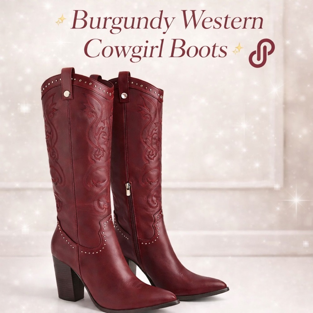 On Sale‼️✨Burgundy Embroidered Western Cowgirl Boots - Women's Fashion Heel✨